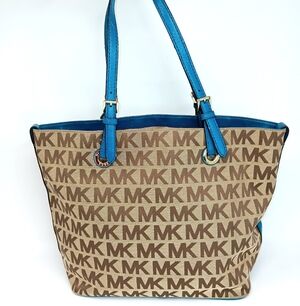 MICHAEL KORS Jet Set Travel Signature MK Logo Tote Bag Turquoise Trim